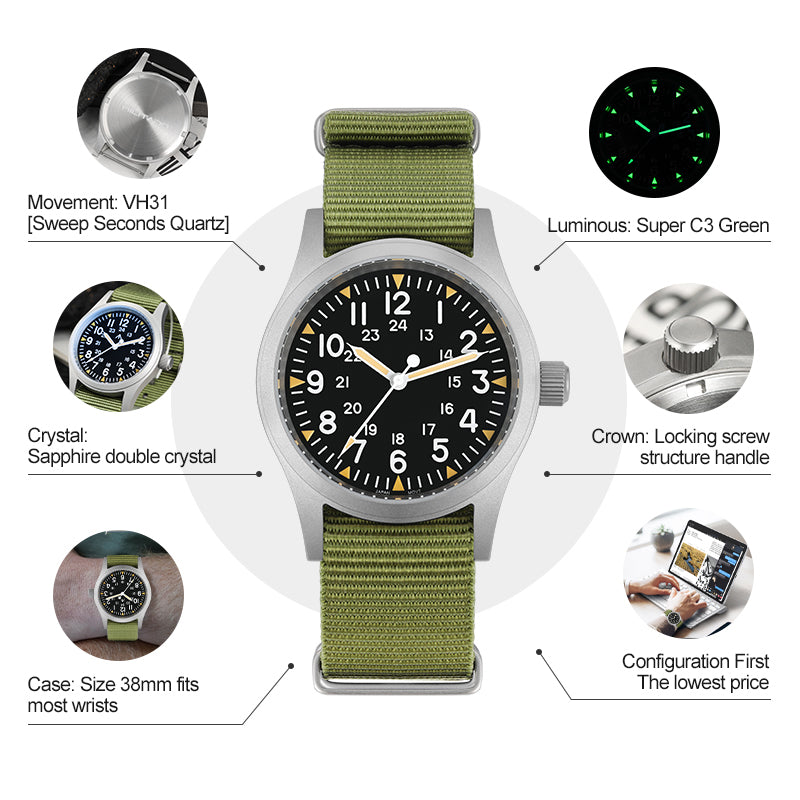 Militado 38mm Sapphire Crystal Pilot Field Watch