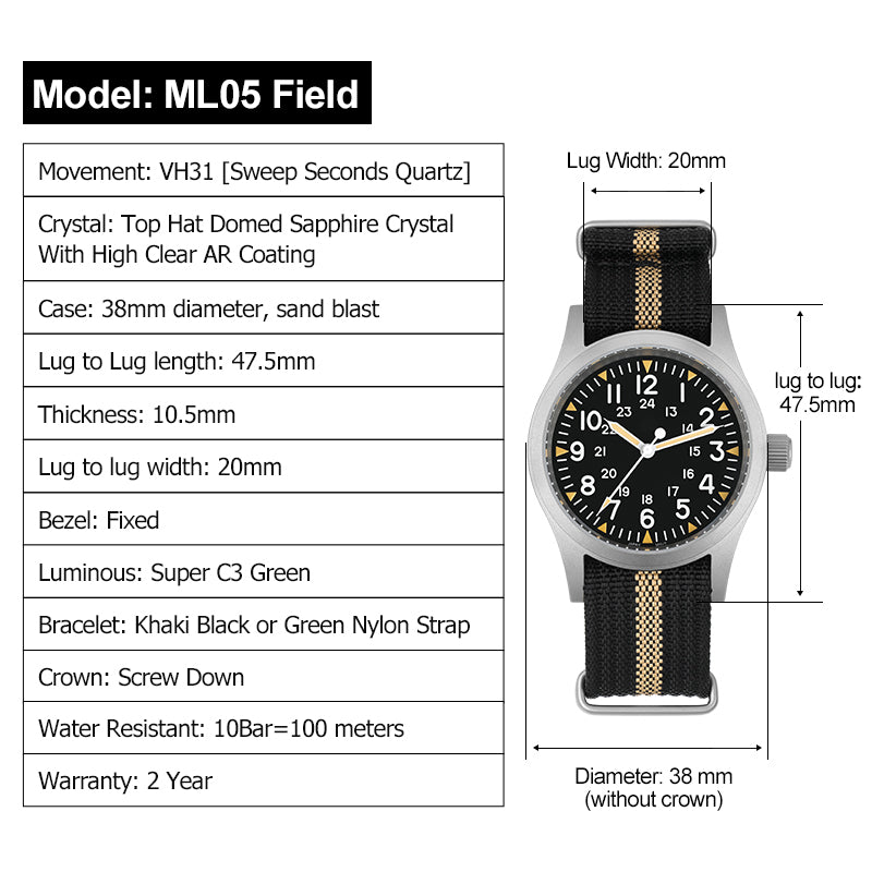 Militado 38mm Sapphire Crystal Pilot Field Watch ML05