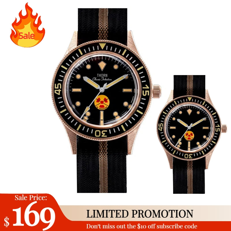 ★Weekly Deal★Thorn Vintage 50-Fathoms No-Radiation CUSN8 Tin Bronze Dive Watch